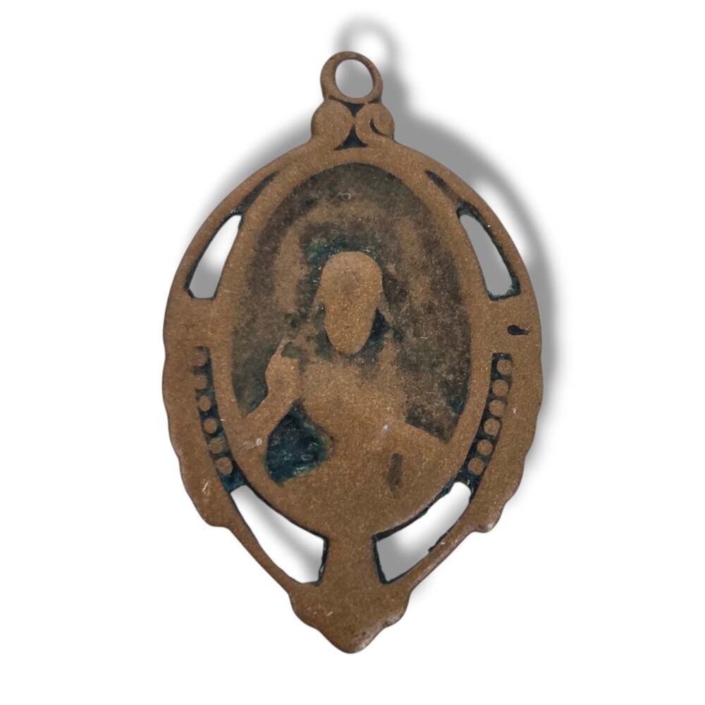 Vintage Religious Medal Charm Punched Copper Jesus Christ Sacred Heart Pendant
